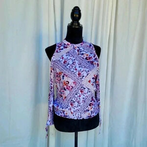 American Rag Cie Women's S Purple Floral Cold Shoulder Blouse Top Long Sleeve